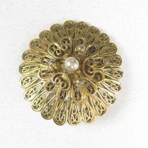 Vintage 1950 Goldtone Filigree Flower Brooch Faux Pearl Rhinestones